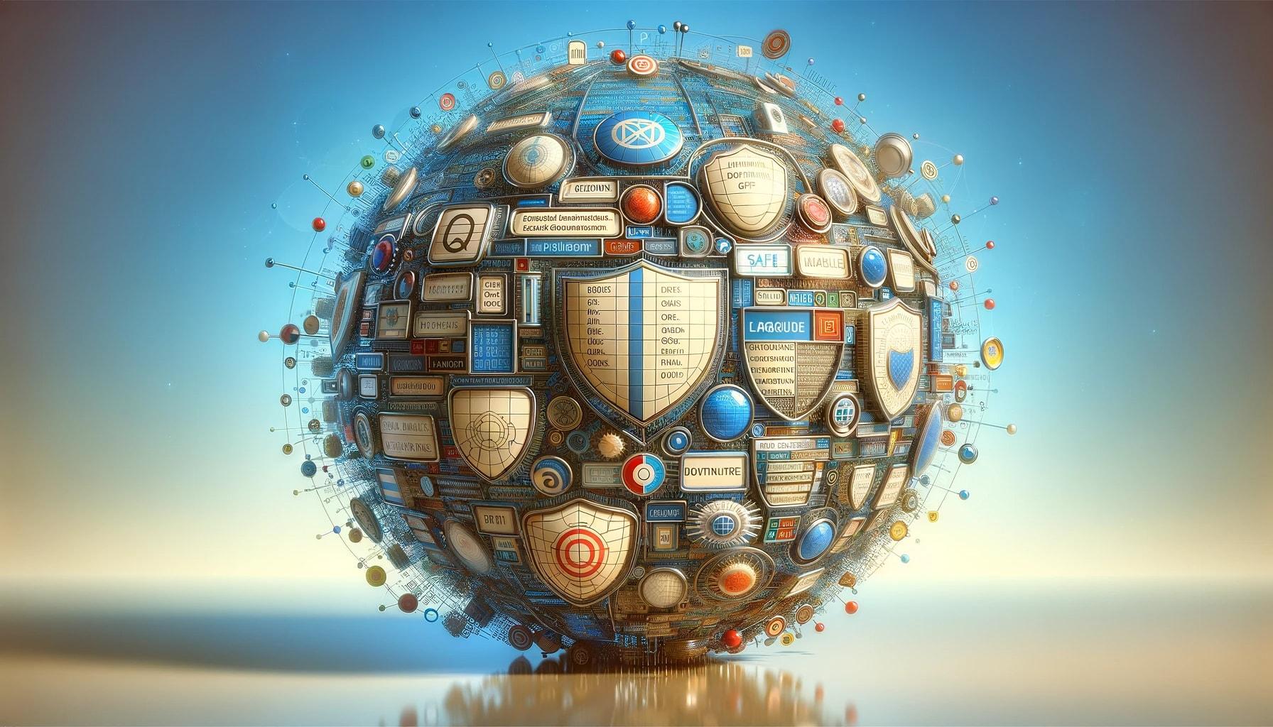 an intricate globe-like structure composed of words and codes, representing a large language model, surrounded by various shields or barriers. The serene blue background conveys safety and stability in the deployment of these models.