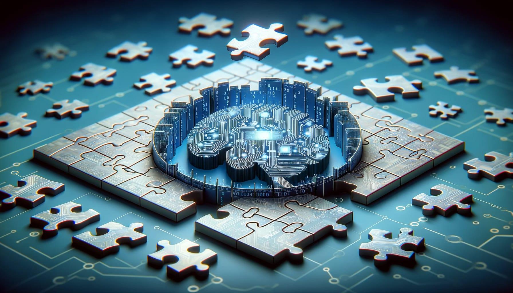 visually represents the integration of AI logic with human reasoning, symbolized through the assembly of a jigsaw puzzle that reveals a digital brain.