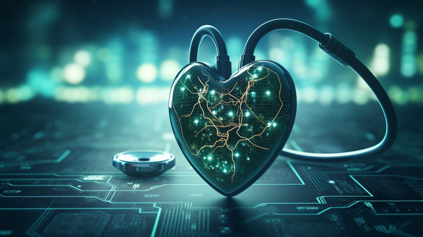 A digital heart with circuitry and electrical impulses on a motherboard background, symbolizing the fusion of technology and healthcare.