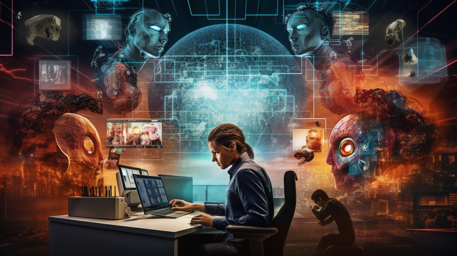 An intense, vivid portrayal of a cybersecurity expert immersed in a digital environment, flanked by advanced AI interfaces, depicting the dynamic interaction between human intellect and artificial intelligence in combating cyber threats