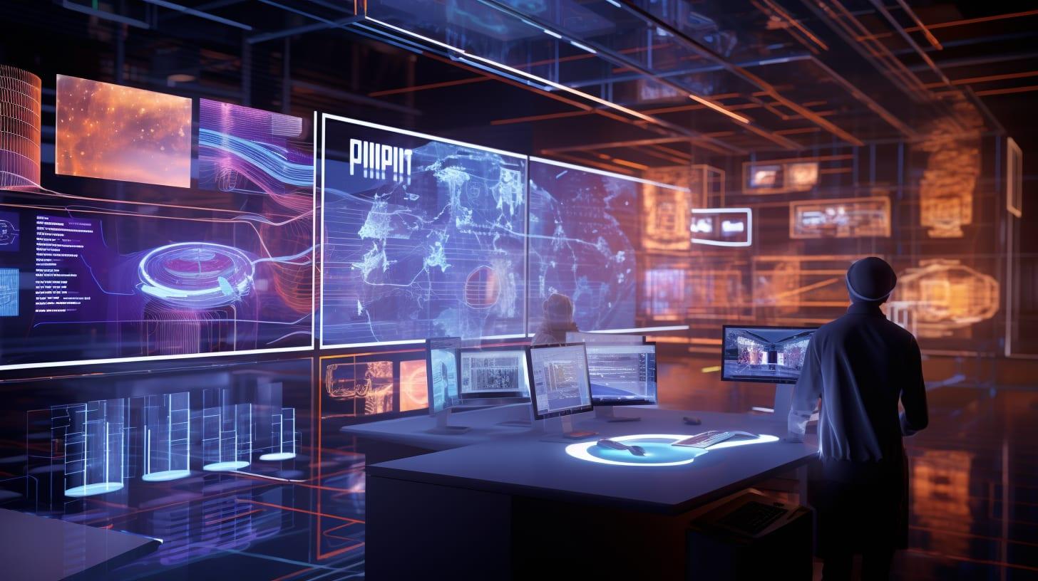 a futuristic control room with large, translucent screens displaying flowing lines of code and 3D models of interconnected APIs. In the center, a holographic representation of a large language model (LLM), symbolizing RESTGPT, is actively analyzing and interacting with the API models