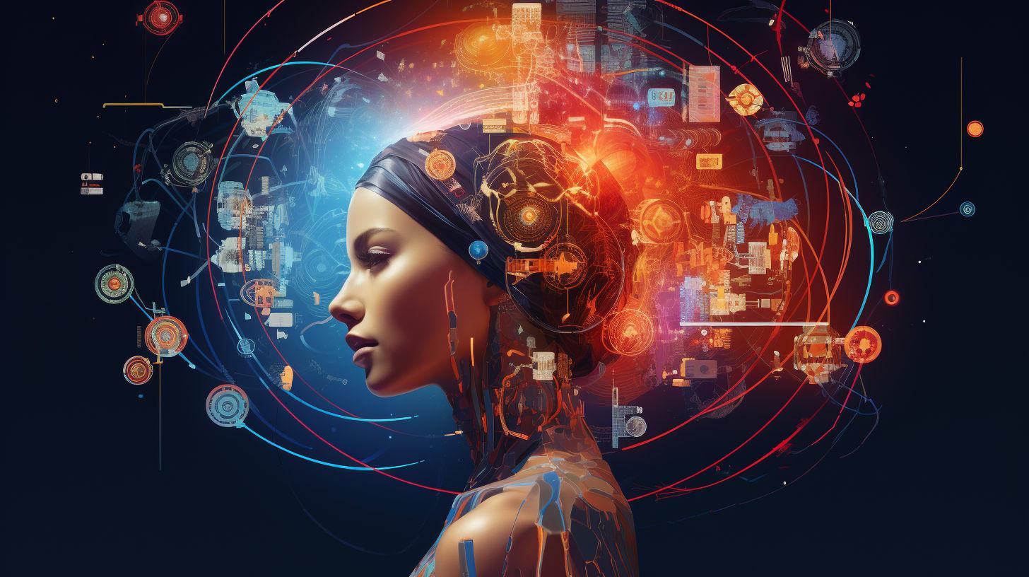 a female figure with a head and shoulders profile, intricately blended with digital networks and organic elements. The design symbolizes the complexity and interconnectedness of AI ethics, highlighting the impact of language models on society
