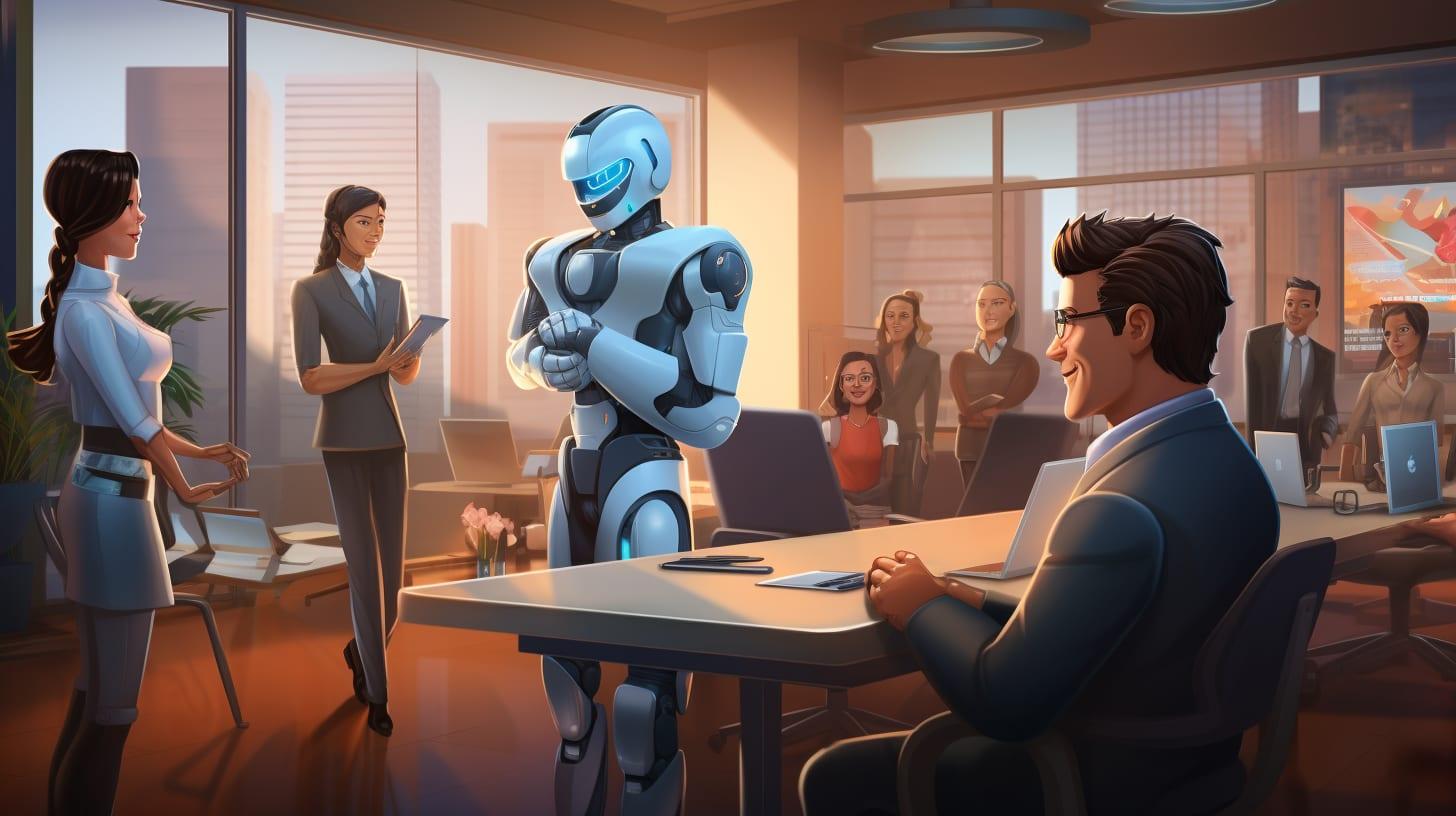 a humanoid robot assisting a multi-ethnic group of professionals in a sleek, futuristic office environment.