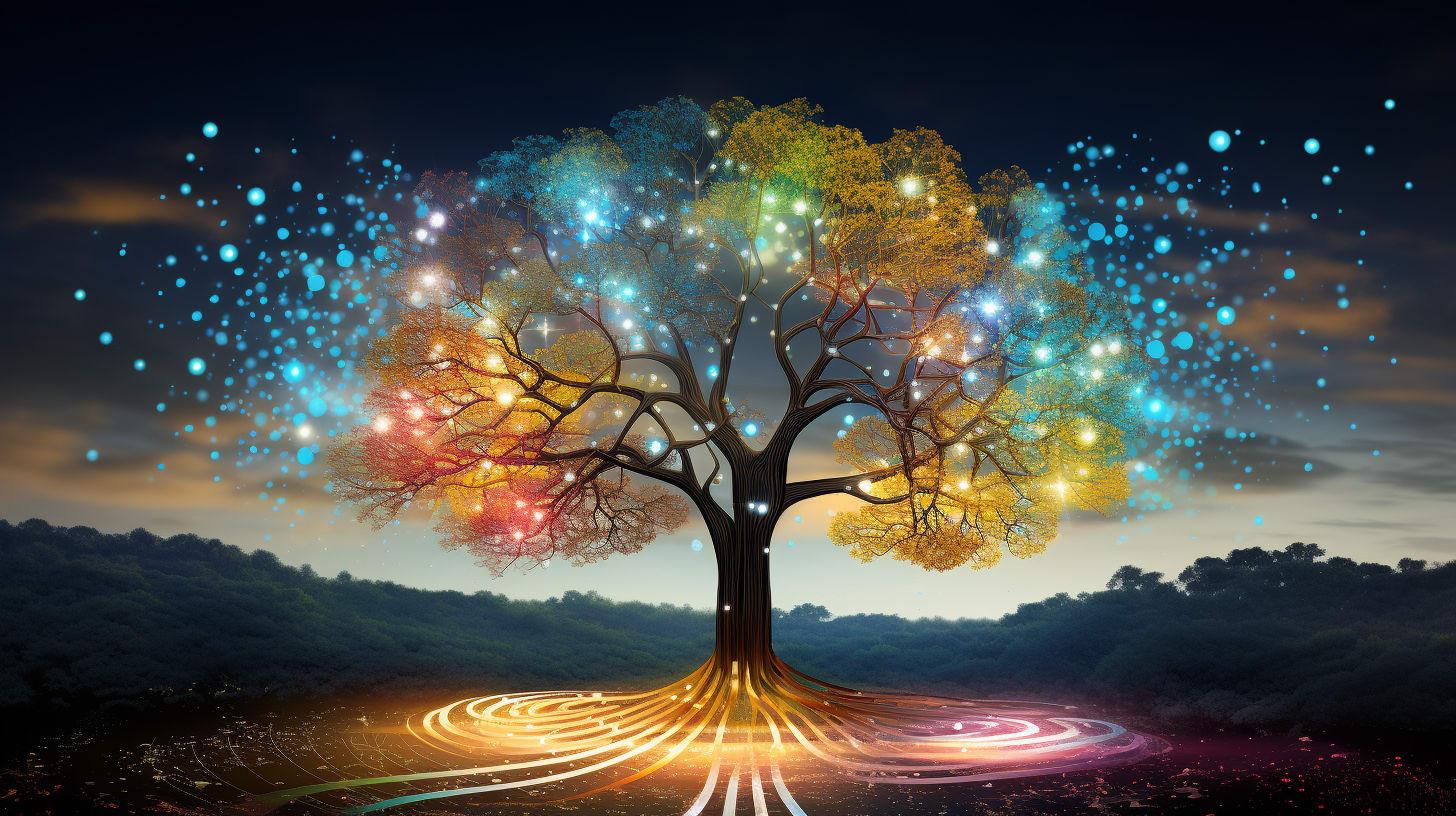 large tree with branches and leaves, where each leaf is a unique, colorful persona icon, representing different ethnicities, ages, and abilities. The tree's roots are formed by digital circuits and AI code, merging into the ground, symbolizing the foundation of AI built on diversity and inclusion