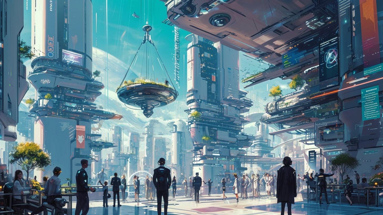 An intricately detailed futuristic cityscape where sleek silver towers glint and bold holograms glow, representing technological capability. Groups of people in business attire stand on platforms discussing charts while a large balancing scale hovers in the sky.